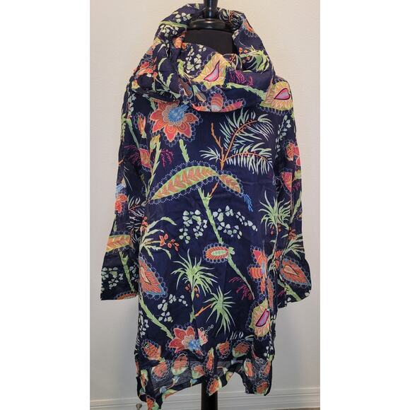 Gretchen Scott Navy Blue Cotton Tunic Beach Cover-Up Large Tropical Floral EUC - Picture 1 of 7